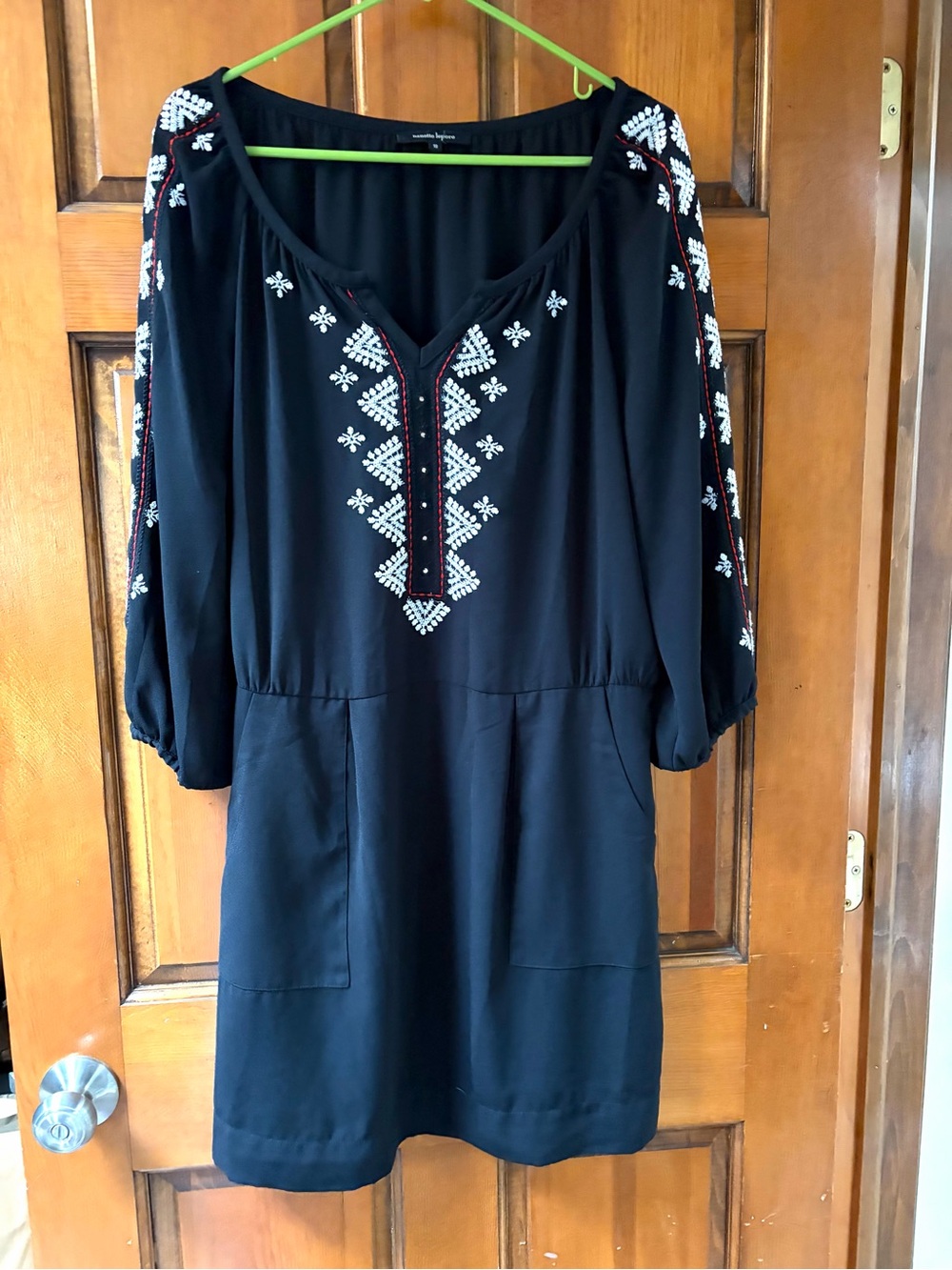 Nanette Lepore Embroidered Black Boho Dress with Puff Sleeves w pockets